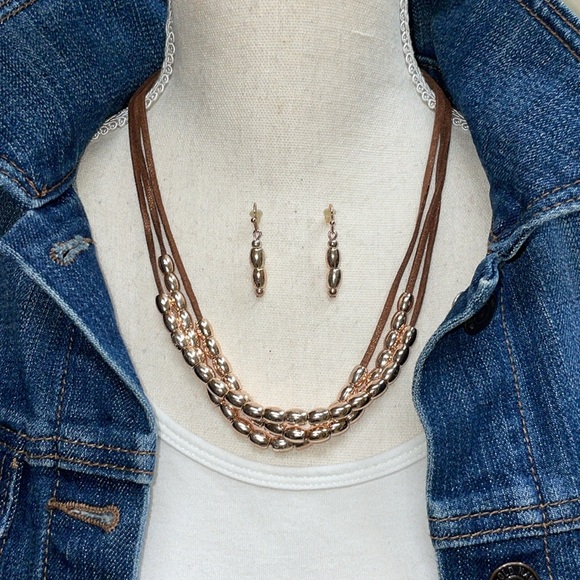 Boho Vintage 1946 Bronze Leather & Bead Multi Strand Necklace Earring Set - Picture 2 of 10